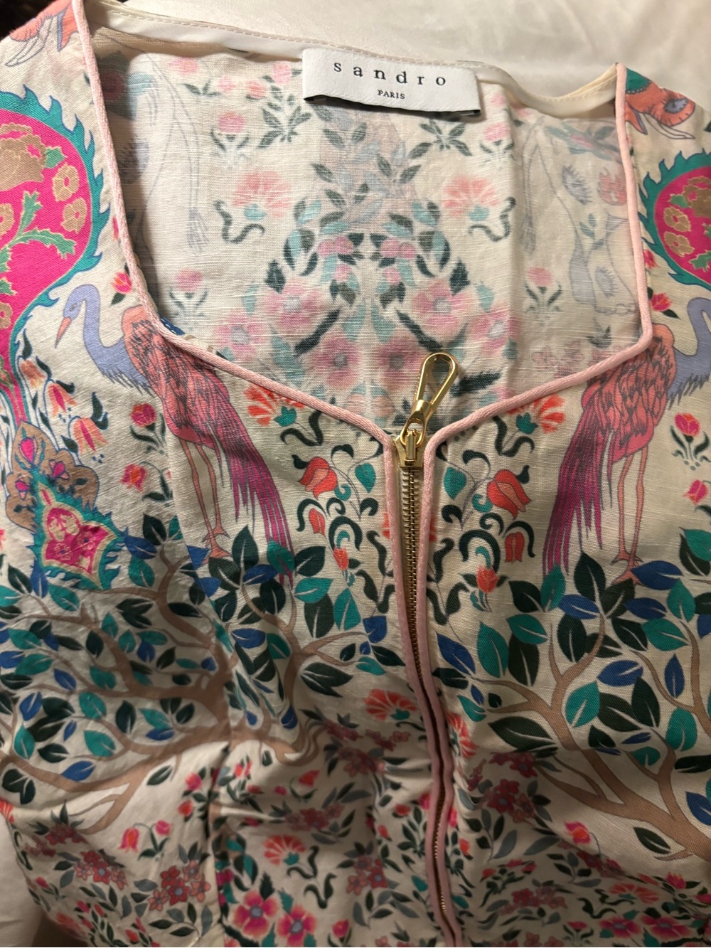FLASH SALE! Gently worn Sandro Midi dress with Teal & Pink Crane Print. Size 34!